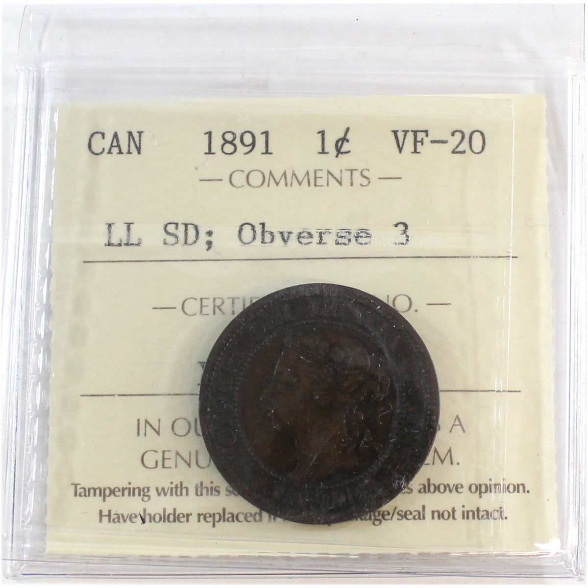 1891 LLSD, Obv. 3 Canada 1-cent ICCS Certified VF-20