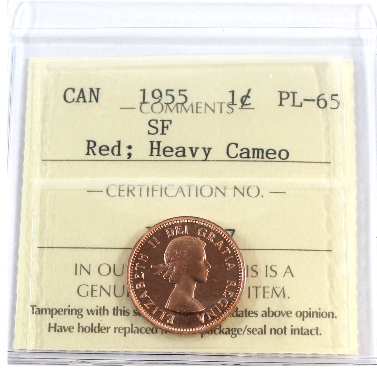 1955 SF Canada 1-cent ICCS Certified PL-65 Heavy Cameo; Red