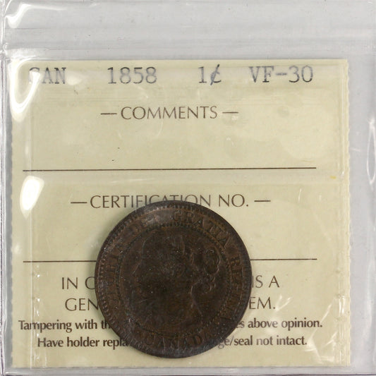 1858 Canada 1-cent ICCS Certified VF30