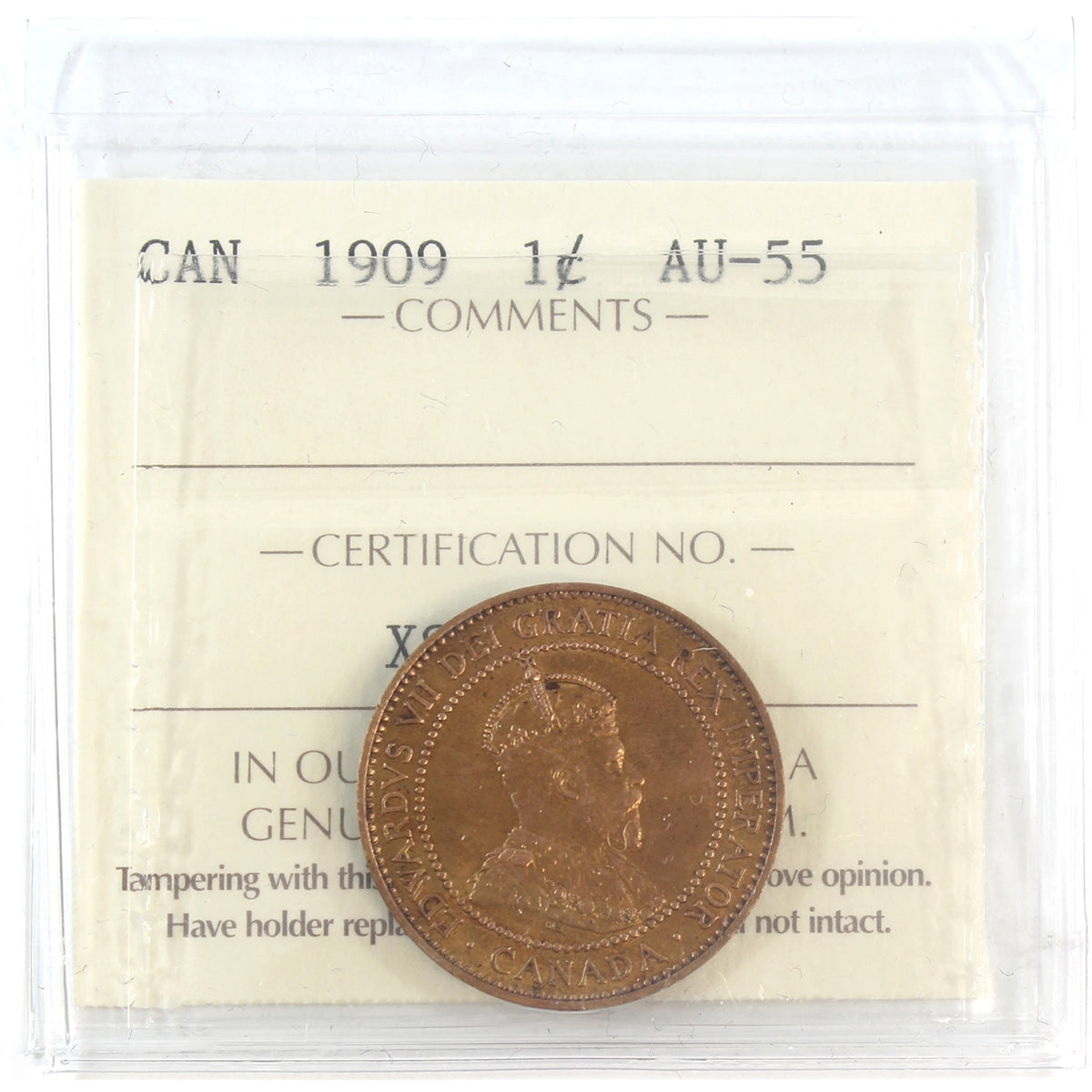 1909 Canada 1-cent ICCS Certified AU-55