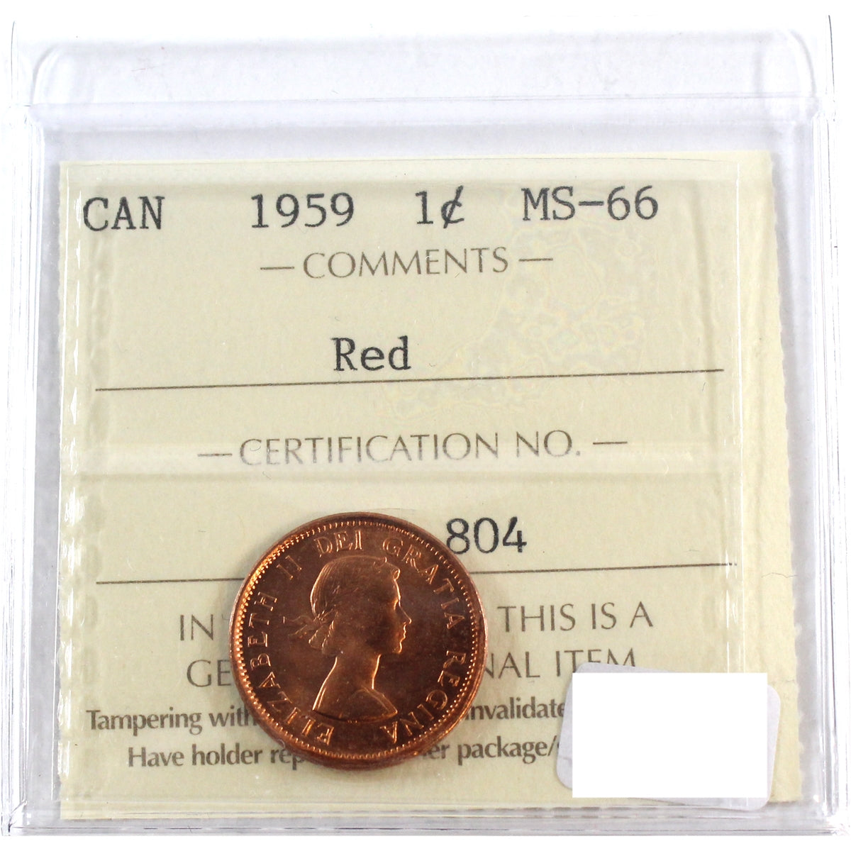 1959 Canada 1-cent ICCS Certified MS-66 Red