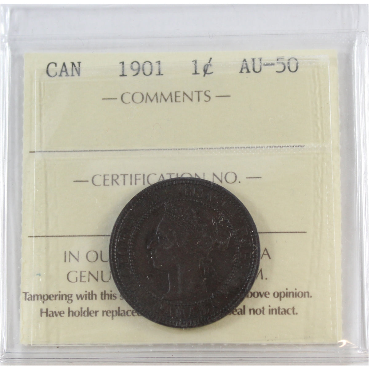1901 Canada 1-cent ICCS Certified AU-50