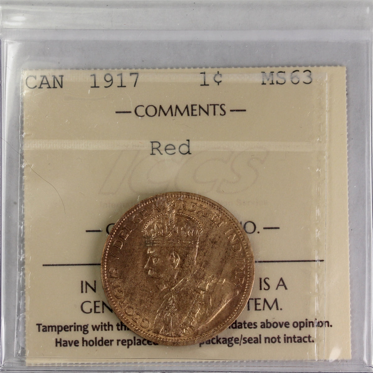 1917 Canada 1-cent ICCS Certified MS-63 Red