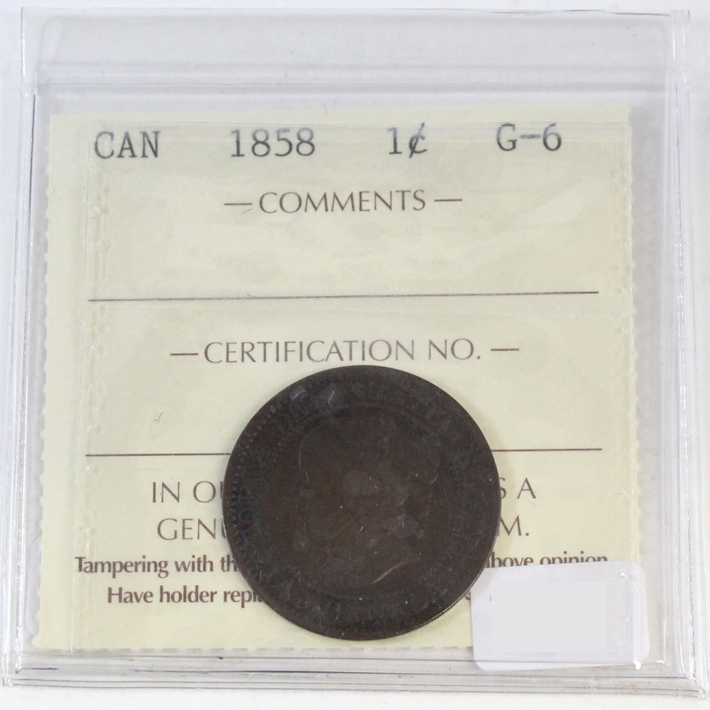1858 Canada 1-cent ICCS Certified G-6
