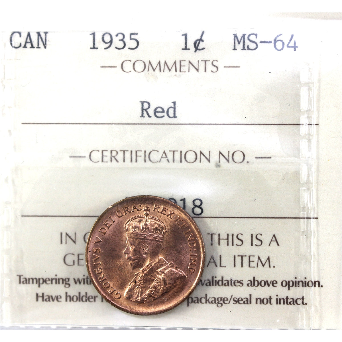 1935 Canada 1-cent ICCS Certified MS-64 Red