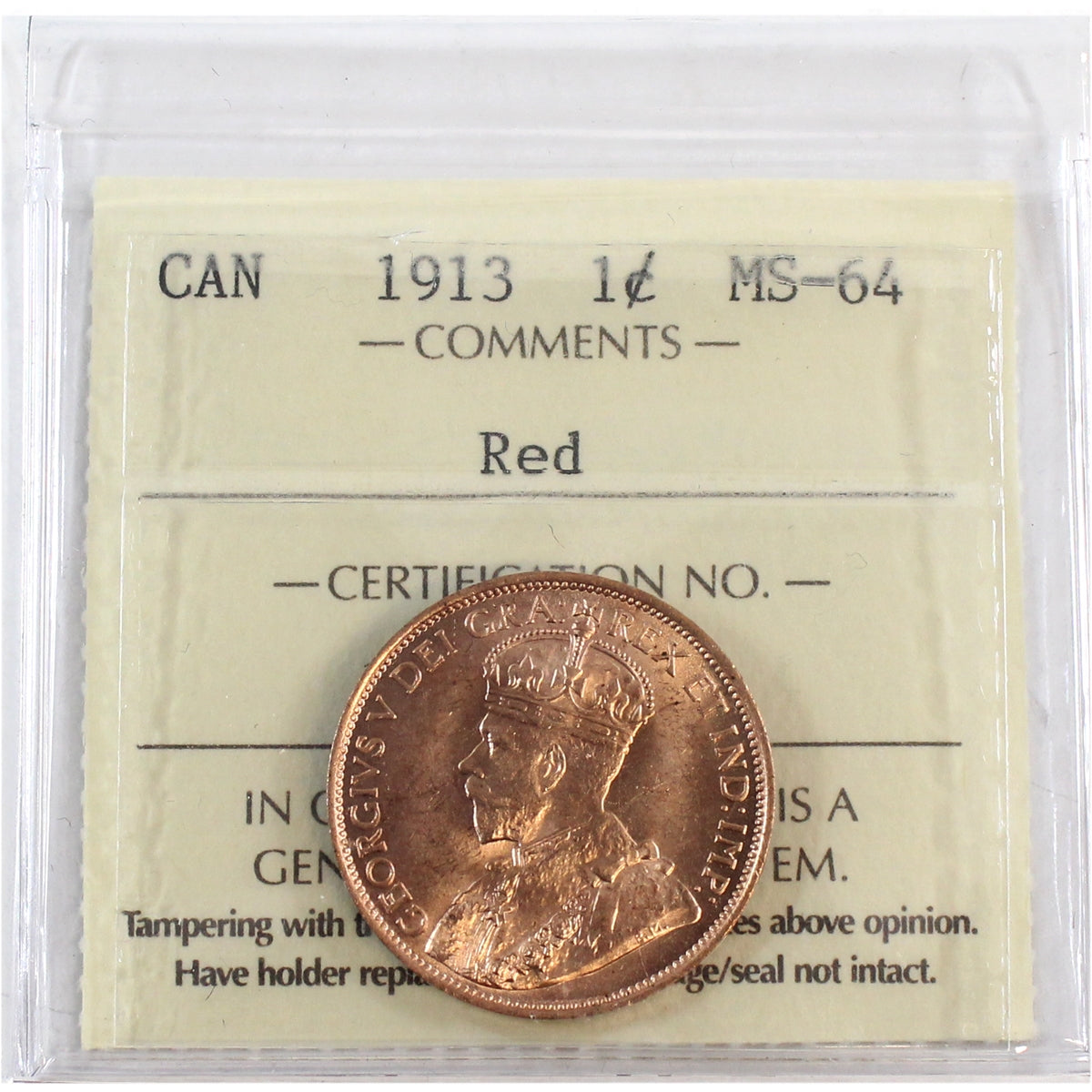 1913 Canada 1-cent ICCS Certified MS-64 Red