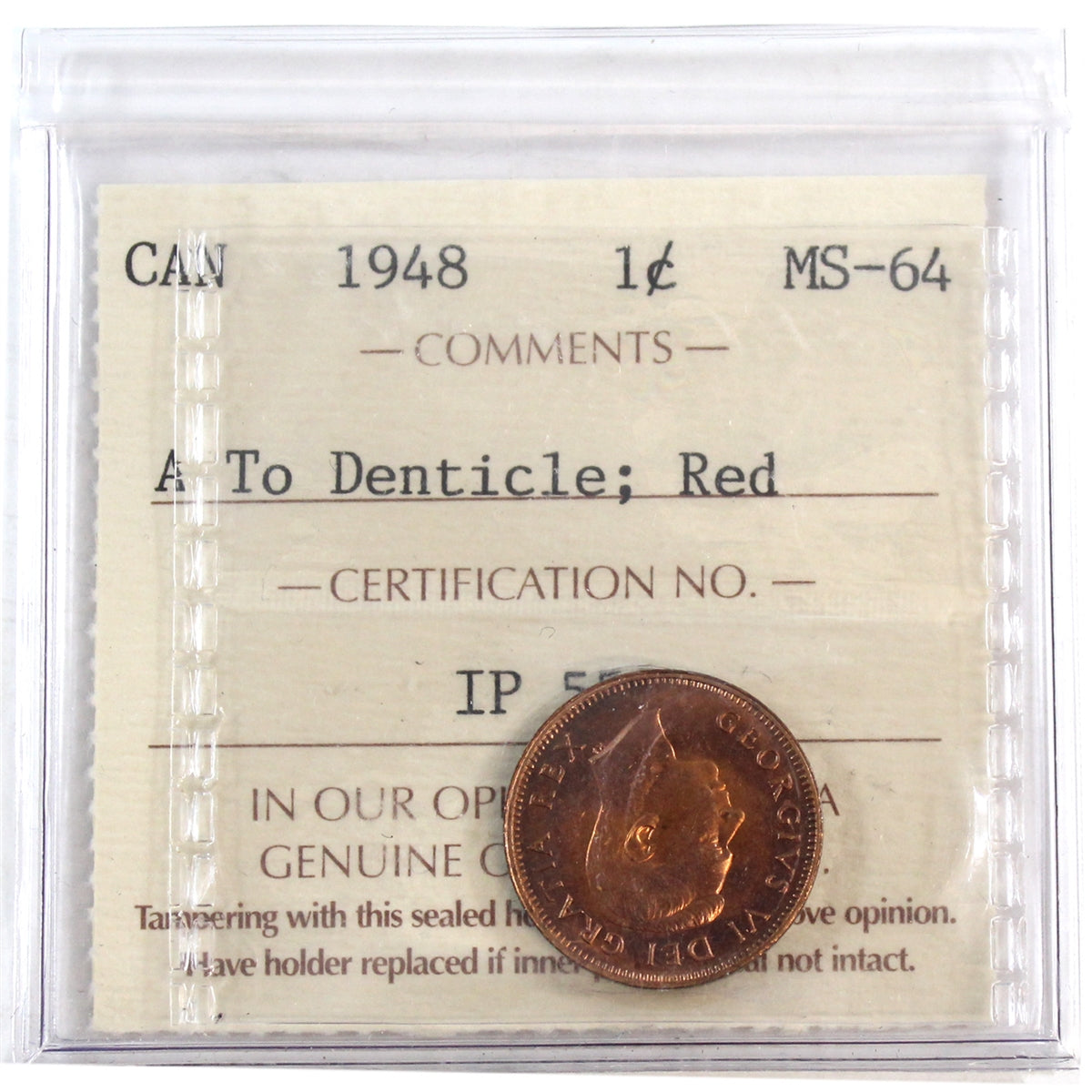 1948 A to Denticle Canada 1-cent ICCS Certified MS-64 Red