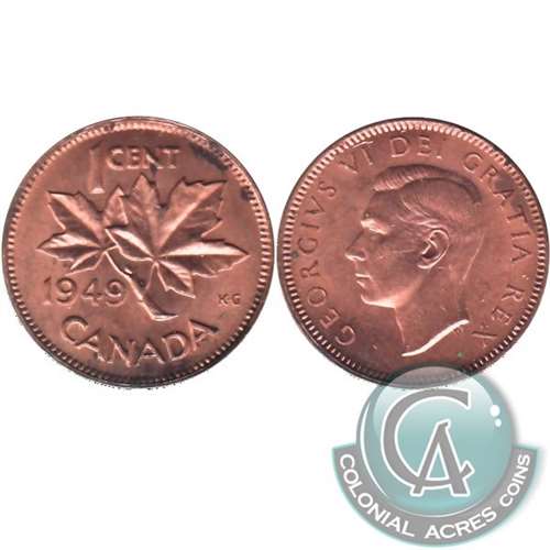 1949 A Between Denticles Canada 1-cent Almost Uncirculated (AU50)