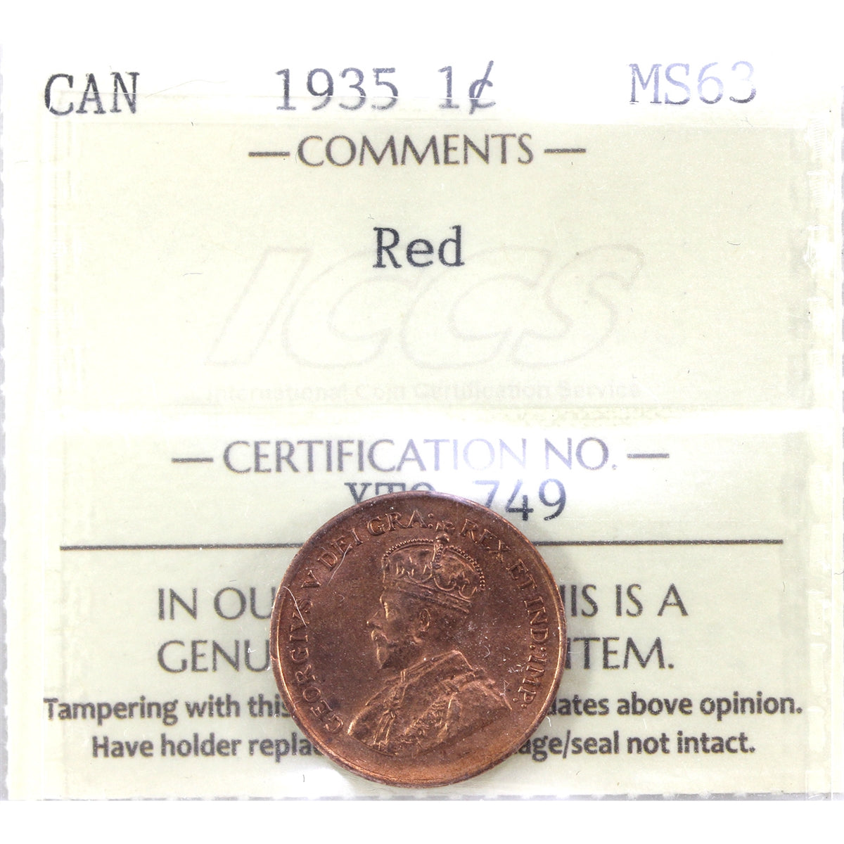 1935 Canada 1-cent ICCS Certified MS-63 Red