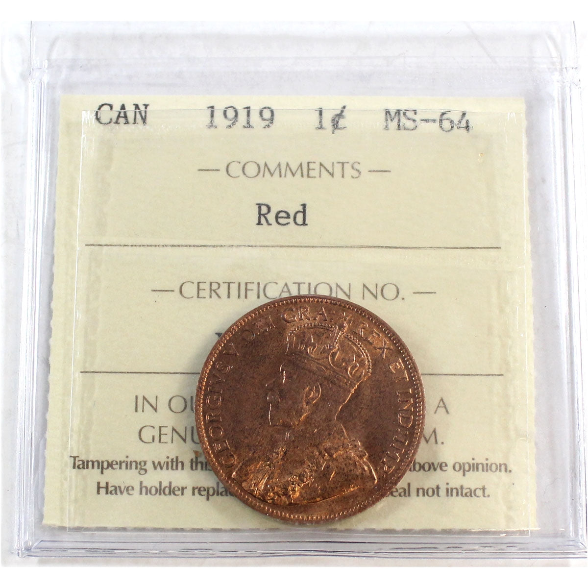 1919 Canada 1-cent ICCS Certified MS-64 Red