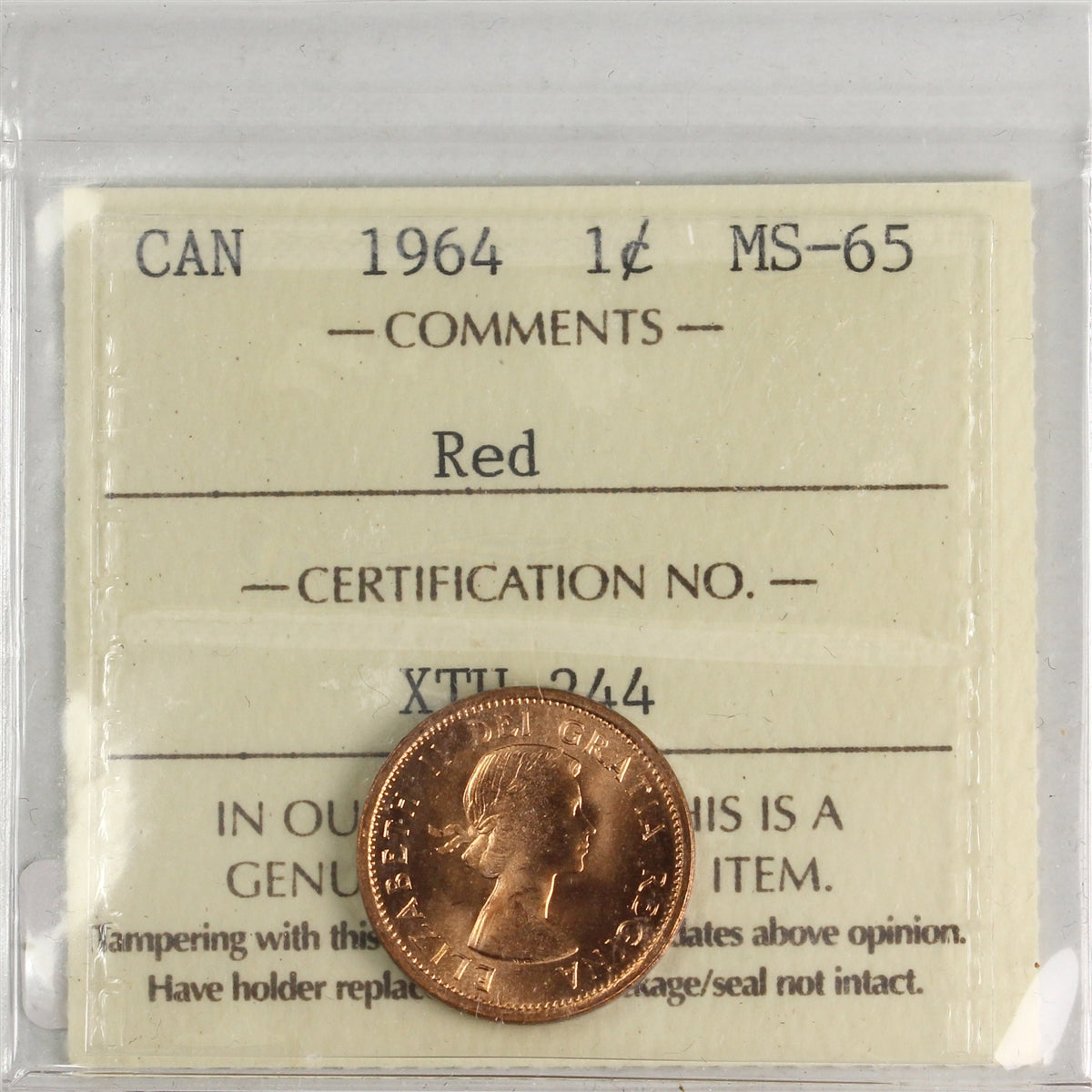 1964 Canada 1-cent ICCS Certified MS65 Red
