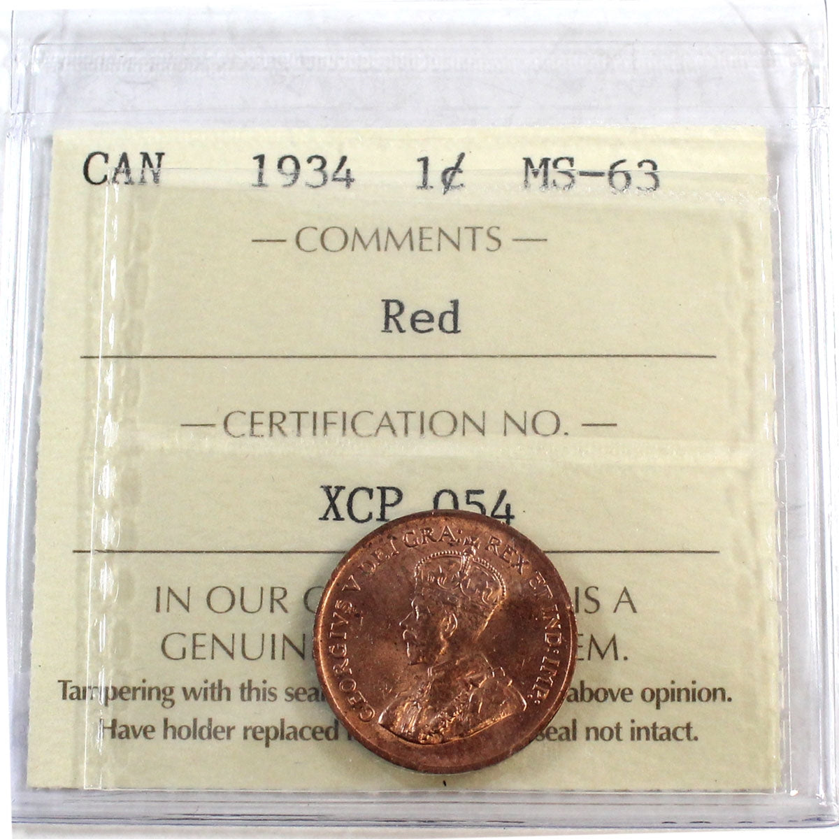1934 Canada 1-cent ICCS Certified MS-63 Red