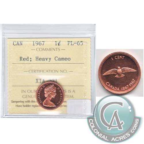 1967 Canada 1-cent ICCS Certified PL-65 Red; Heavy Cameo