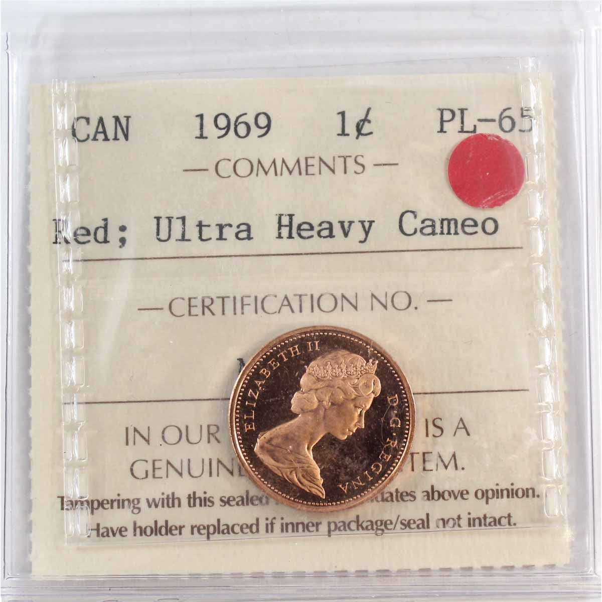 1969 Canada 1-cent ICCS Certified PL65 Red; Ultra Heavy Cameo