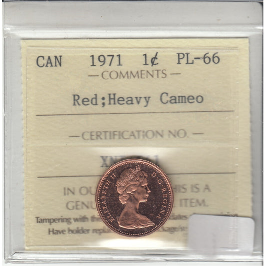 1971 Canada 1-cent ICCS Certified PL66 Red; Heavy Cameo