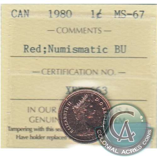 1980 Canada 1-cent ICCS Certified MS-67 Red; Numismatic BU