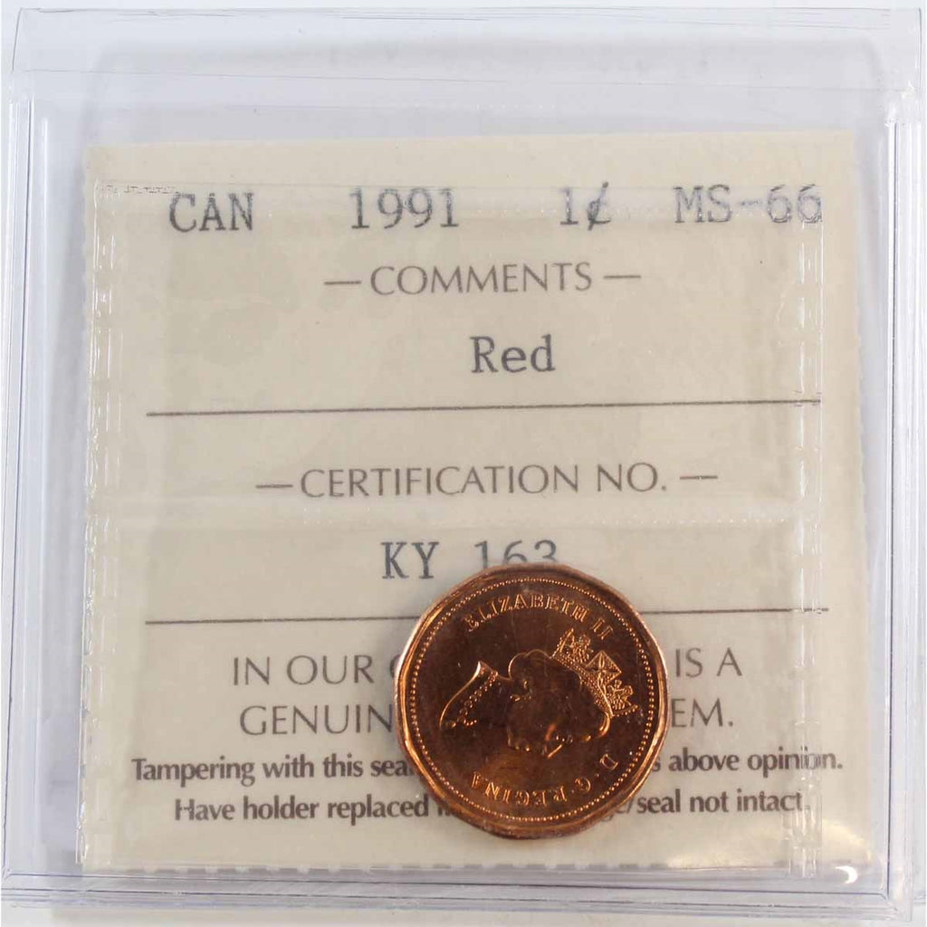 1991 Canada 1-cent ICCS Certified MS66 Red