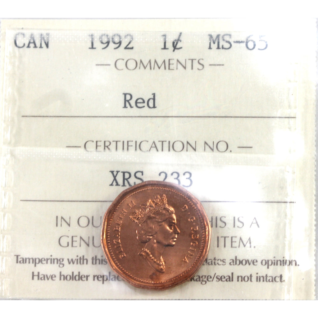 1992 Canada 1-cent ICCS Certified MS65 Red