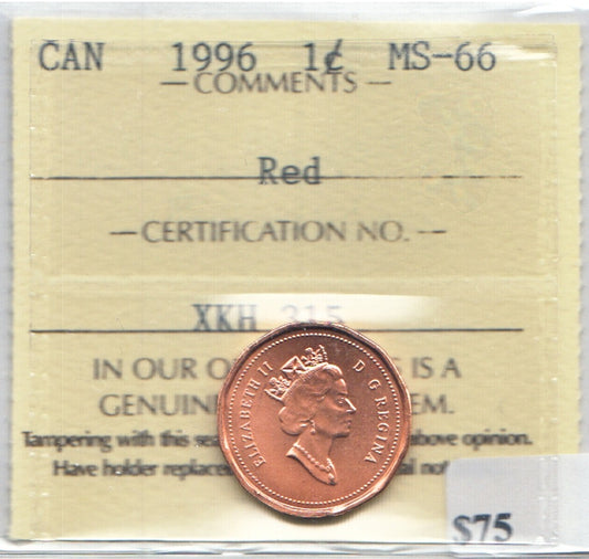 1996 Canada 1-cent ICCS Certified MS66 Red