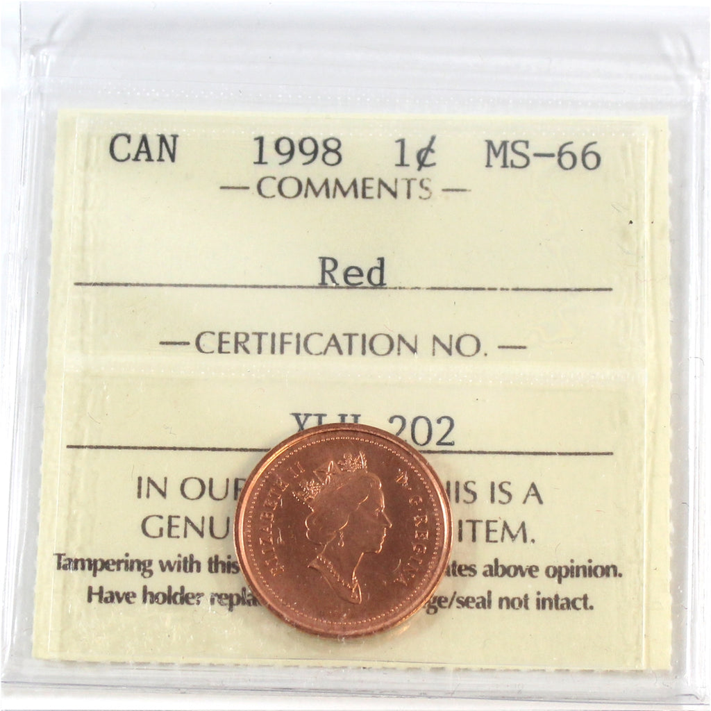 1998 Canada 1-cent ICCS Certified MS66 Red