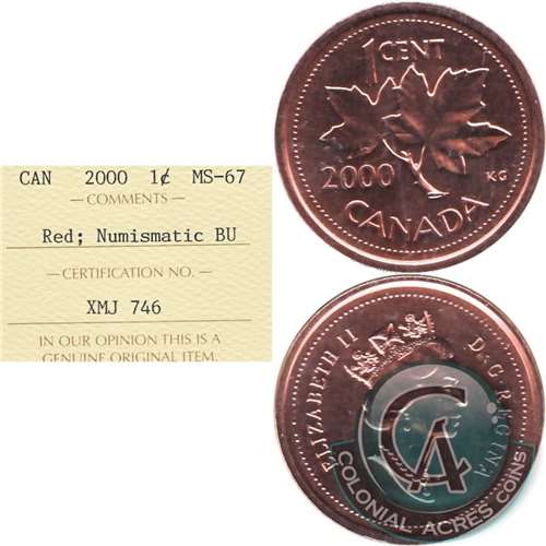 2000 Canada 1-cent ICCS Certified MS67 Red; Numismatic BU