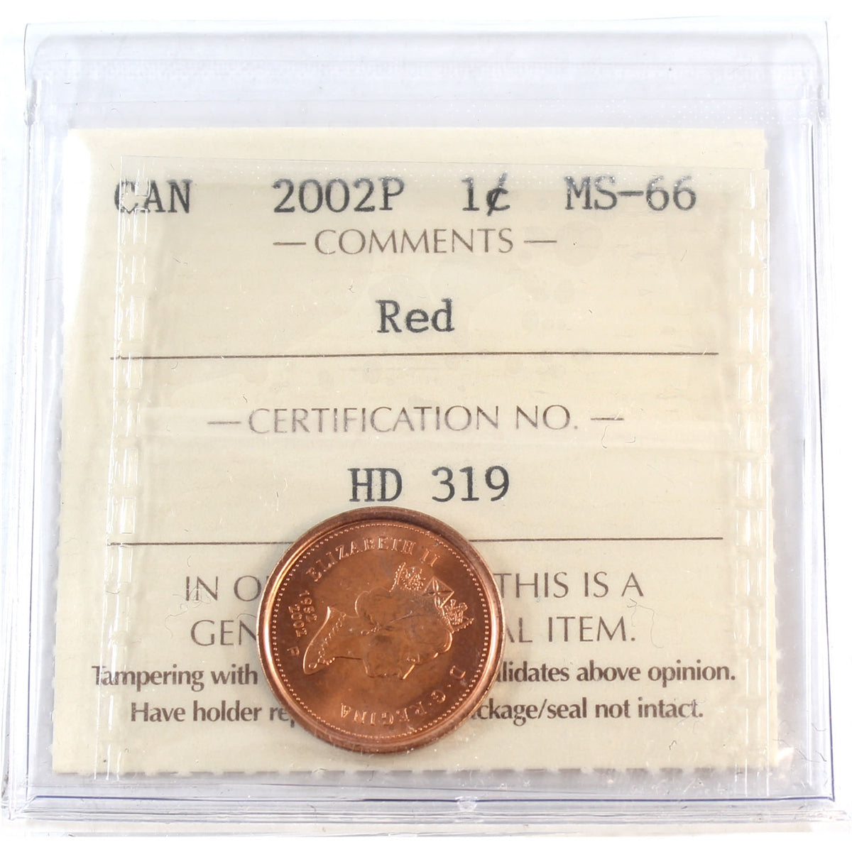 2002P Canada 1-cent ICCS Certified MS66 Red