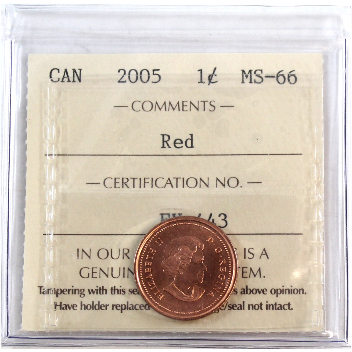 2005 Canada 1-cent ICCS Certified MS-66 Red