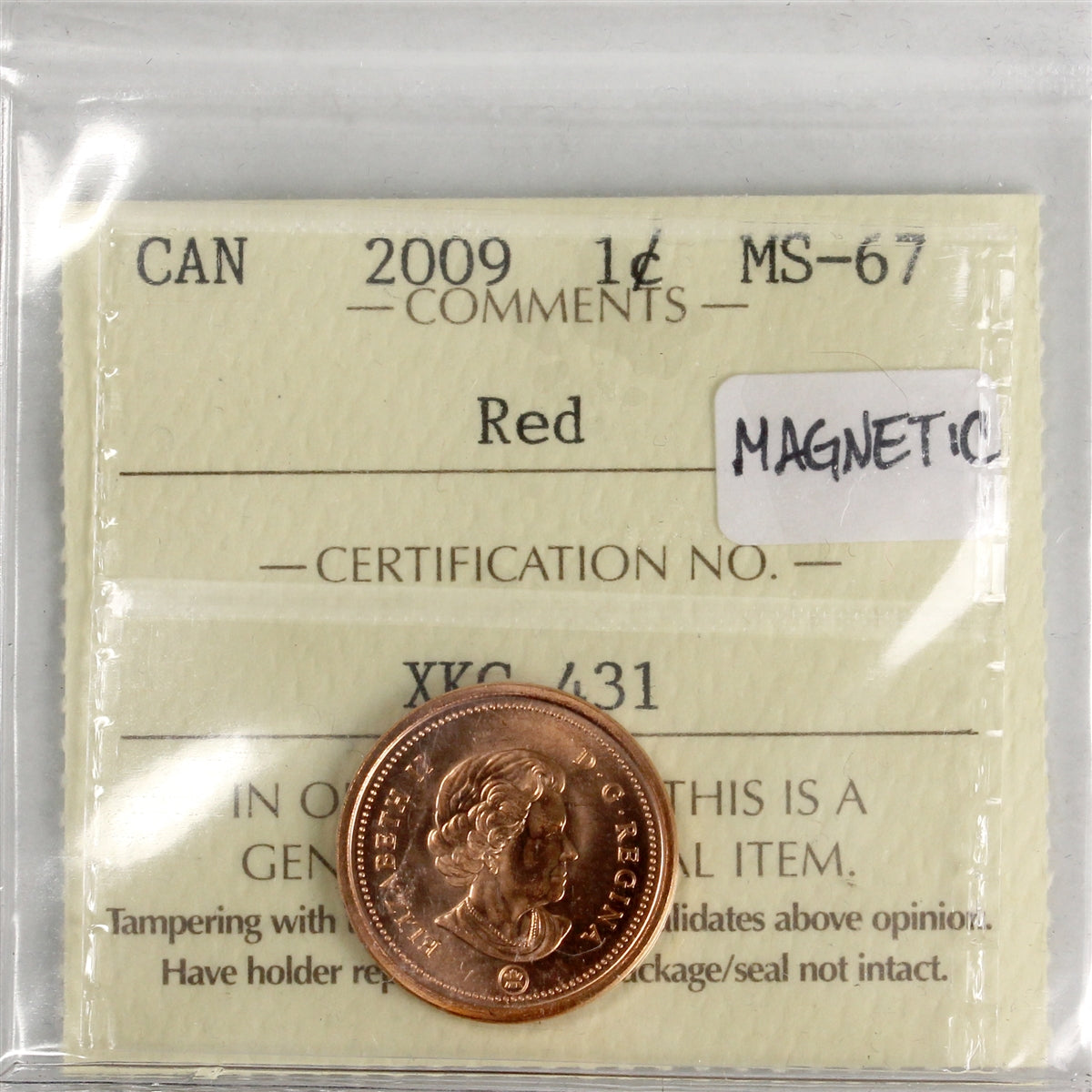 2009 Magnetic Canada 1-cent ICCS Certified MS-67 Red