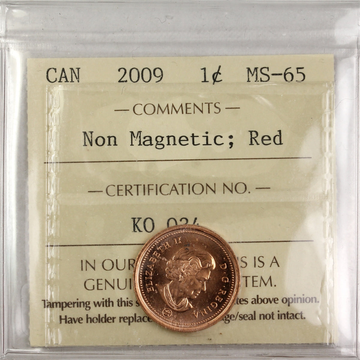 2009 Non Magnetic Canada 1-cent ICCS Certified MS-65 Red