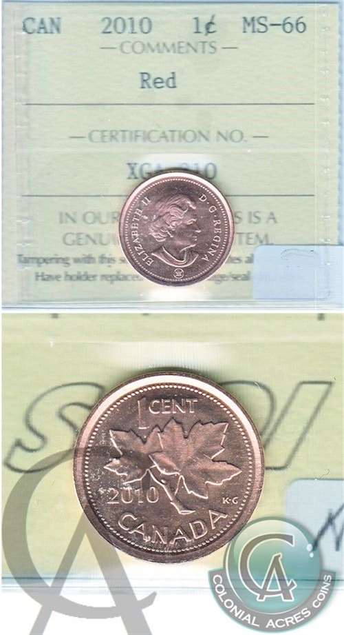 2010 Canada 1-cent ICCS Certified MS-66 Red