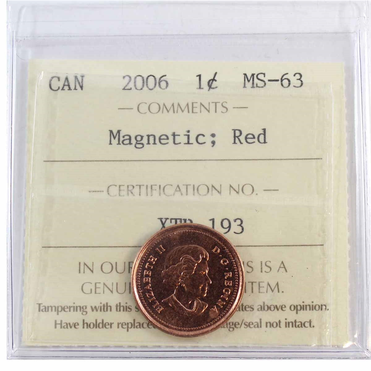2006 Magnetic Canada 1-cent ICCS Certified MS-63 Red