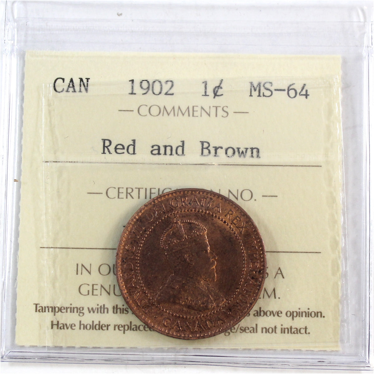 1902 Canada 1-cent ICCS Certified MS-64 Red & Brown
