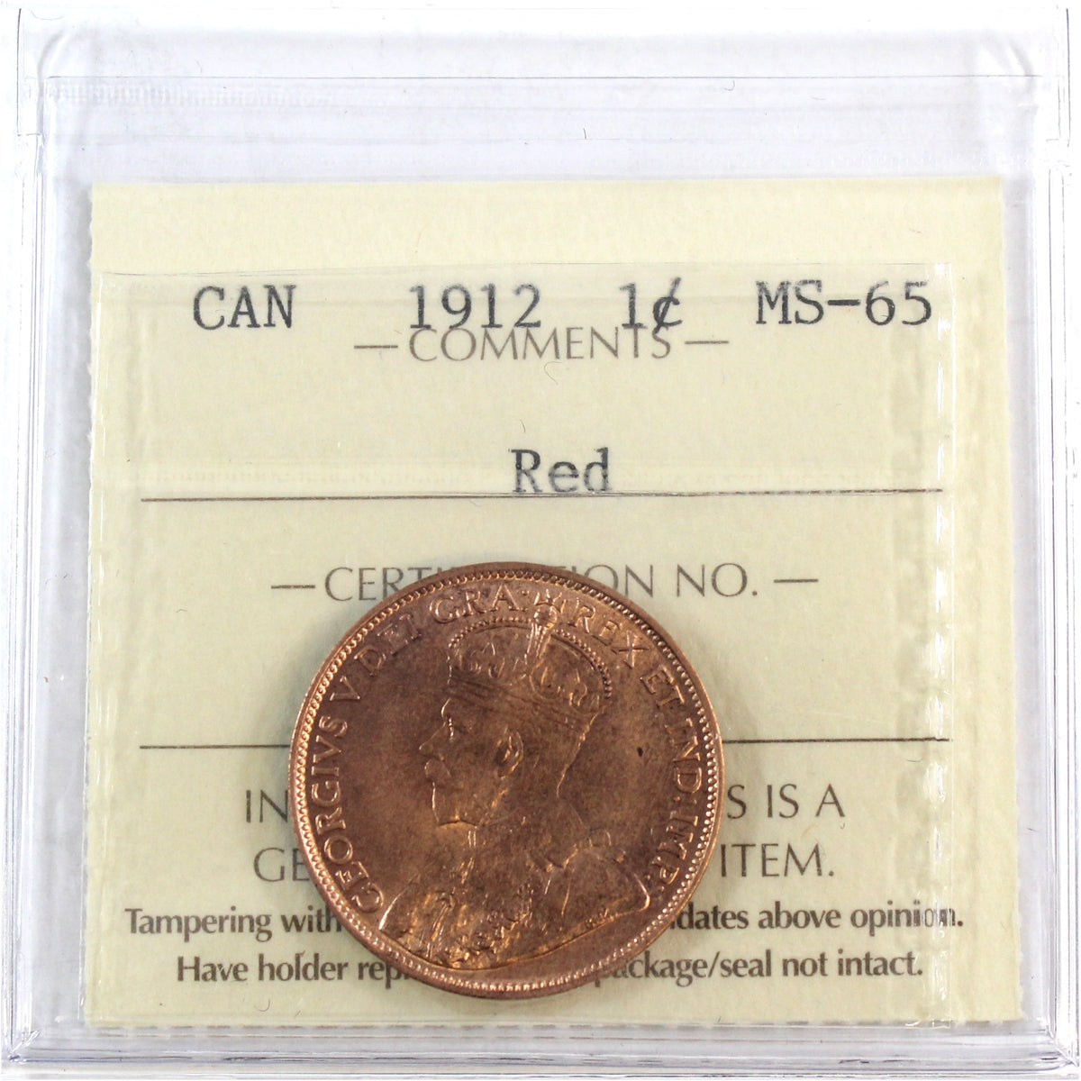 1912 Canada 1-cent ICCS Certified MS-65 Red (XJX 144)