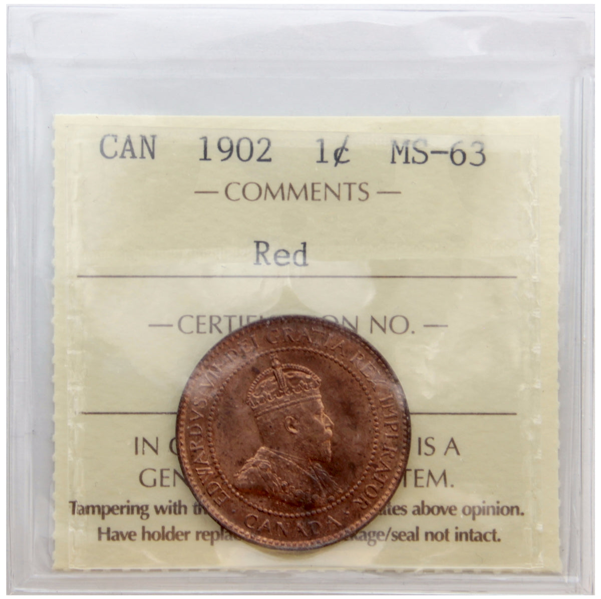 1902 Canada 1-cent ICCS Certified MS-63 Red