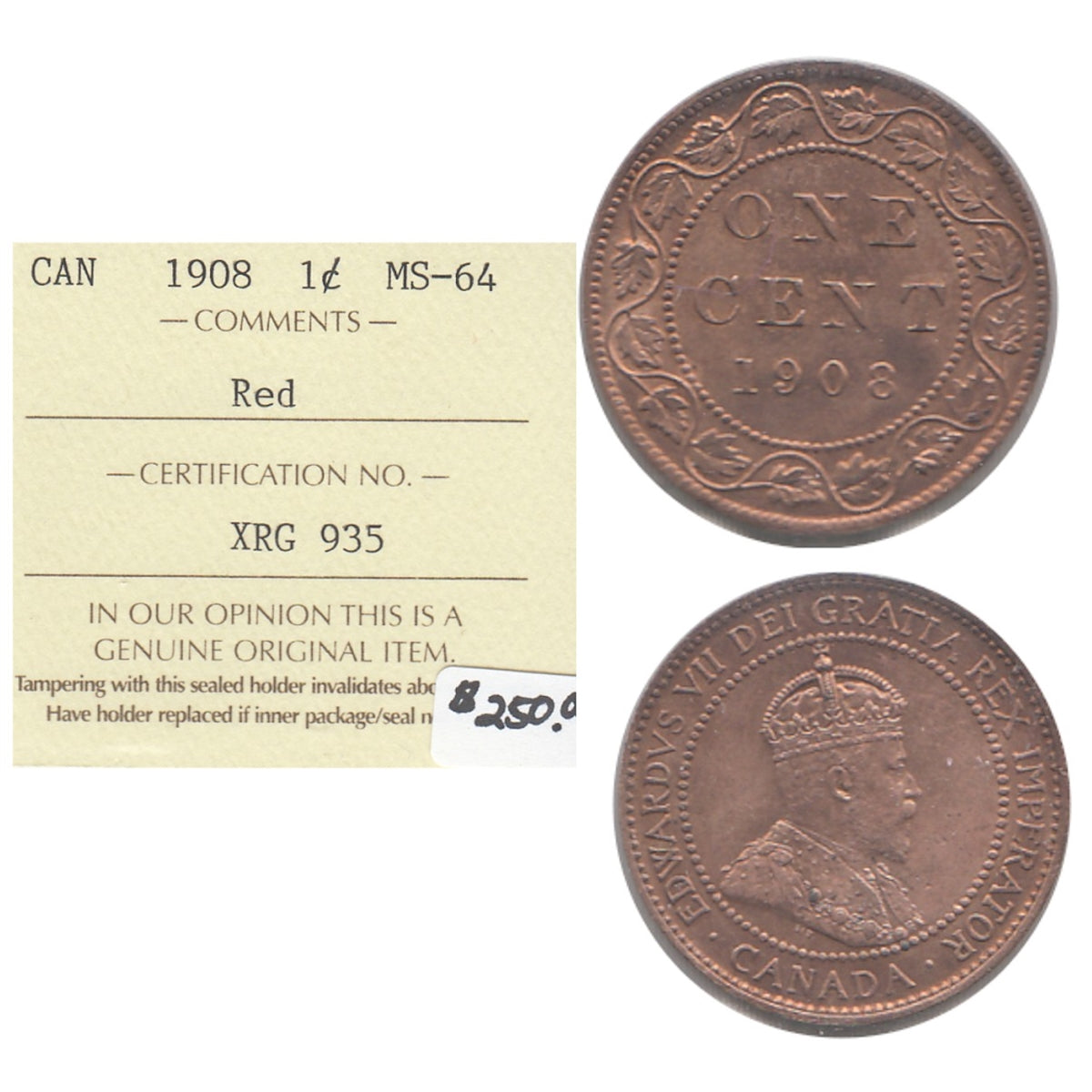 1908 Canada 1-cent ICCS Certified MS-64 Red (XRG 935)