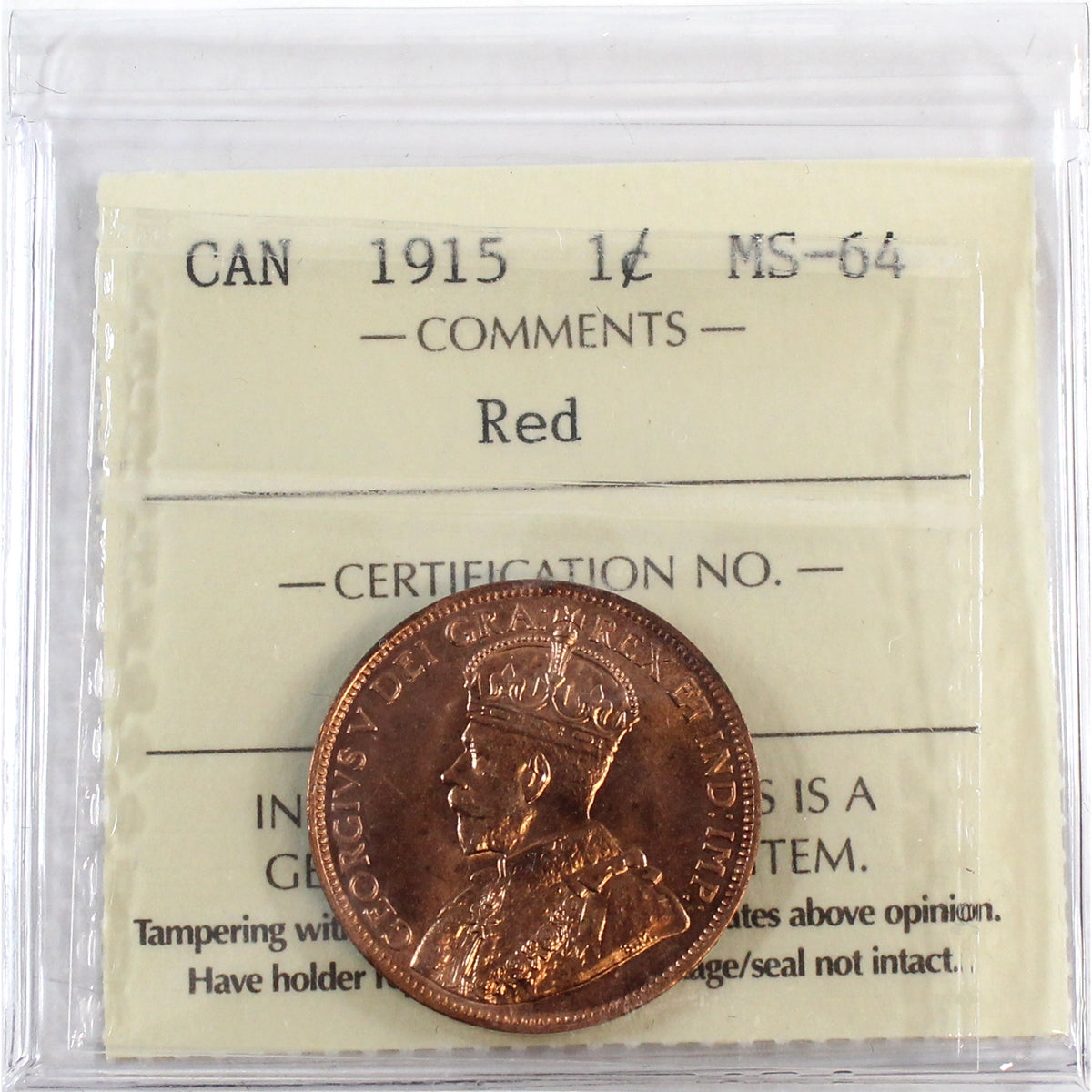 1915 Canada 1-cent ICCS Certified MS-64 Red