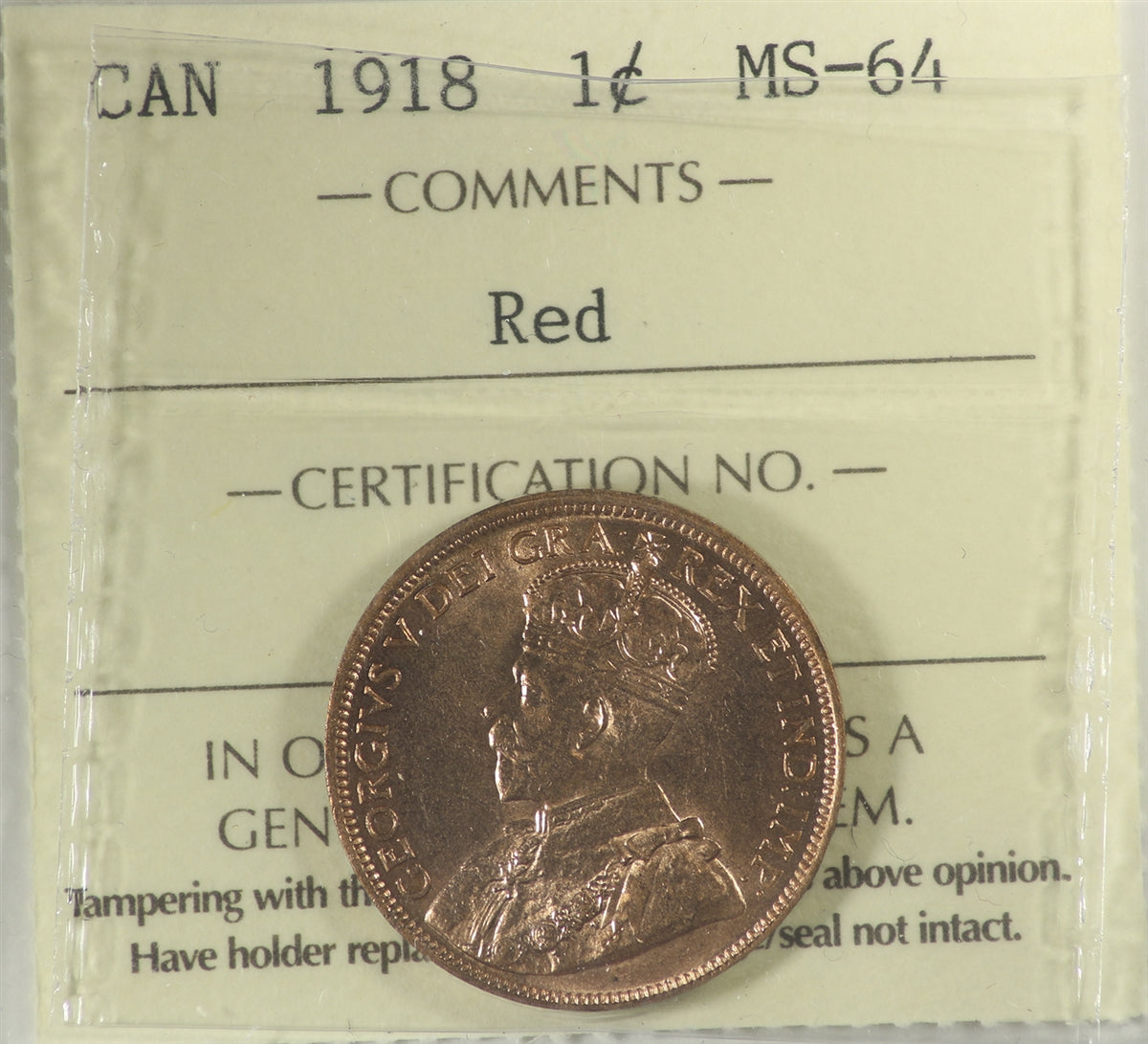 1918 Canada 1-cent ICCS Certified MS-64 Red
