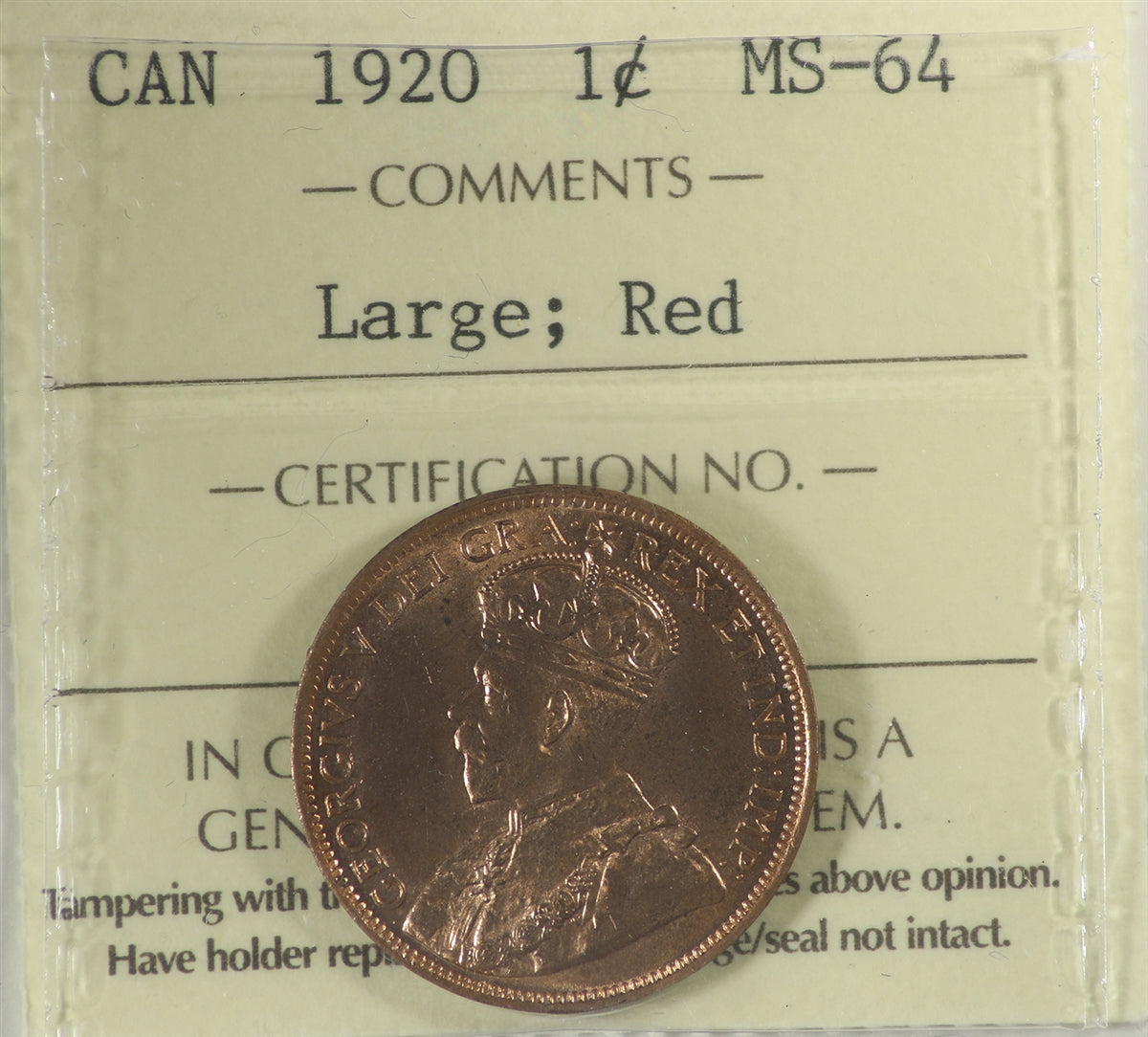 1920 Large Canada 1-cent ICCS Certified MS-64 Red (XUM 258)