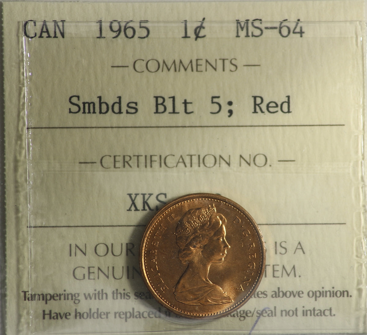 1965 SmBds Blt 5 (Type 2) Canada 1-cent ICCS Certified MS-64 Red