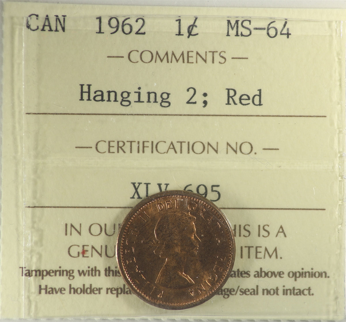 1962 Hanging 2 Canada 1-cent ICCS Certified MS64 Red
