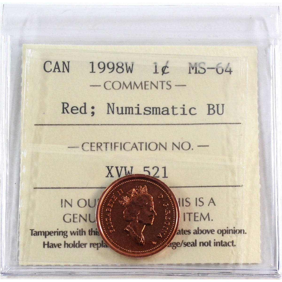 1998W Canada 1-cent ICCS Certified MS-64 Red; NBU