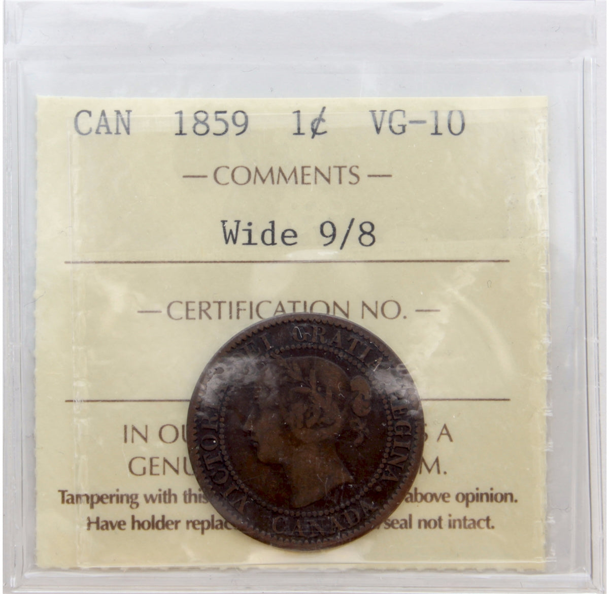 1859 Wide 9/8 Canada 1-cent ICCS Certified VG10