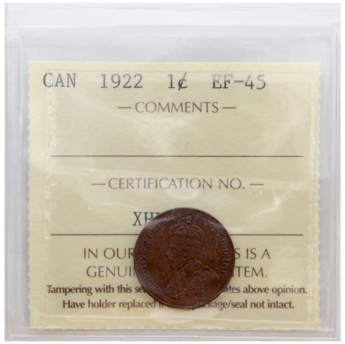 1922 Canada 1-cent ICCS Certified EF45