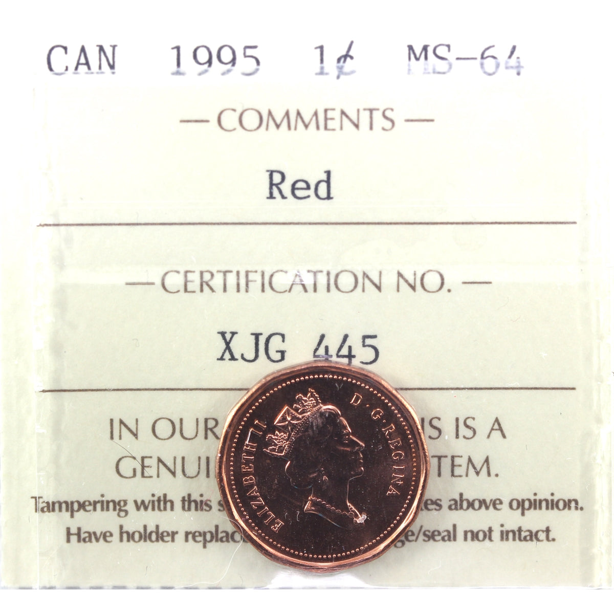 1995 Canada 1-cent ICCS Certified MS64 Red