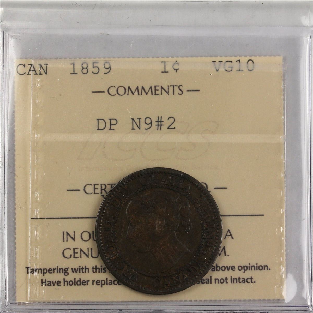 1859 DP N9 #2 Canada 1-cent ICCS Certified VG10