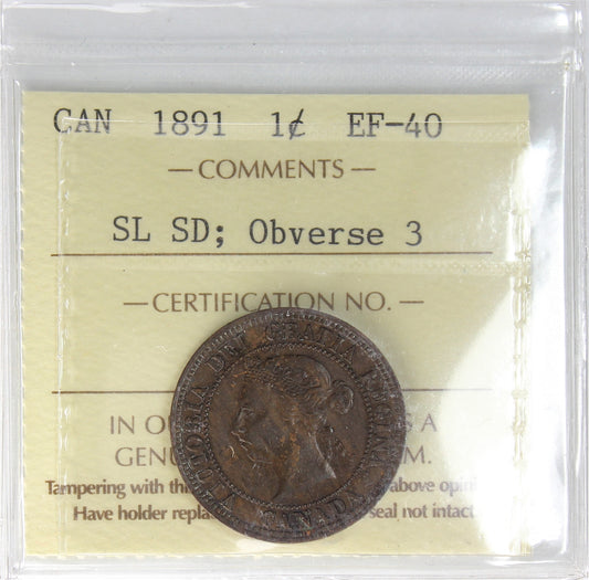 1891 SLSD, Obv. 3 Canada 1-cent ICCS Certified EF40