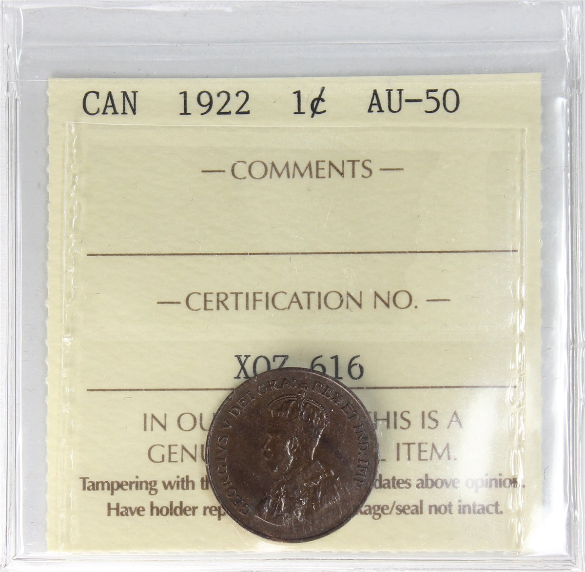 1922 Canada 1-cent ICCS Certified AU50