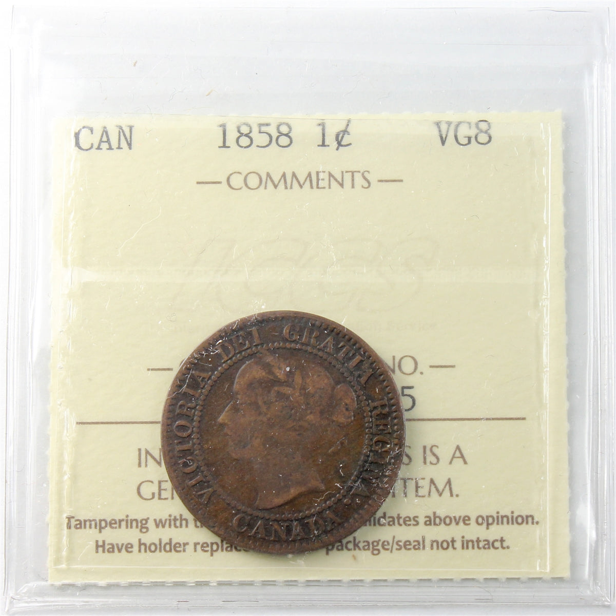 1858 Canada 1-cent ICCS Certified VG-8