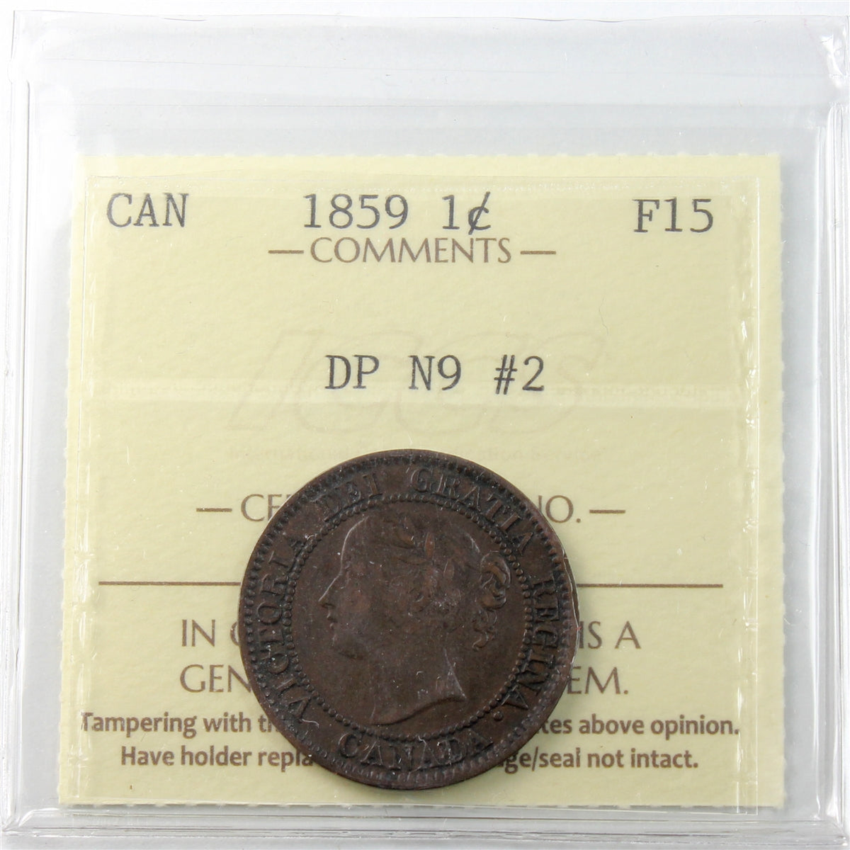 1859 DP N9 #2 Canada 1-cent ICCS Certified F15
