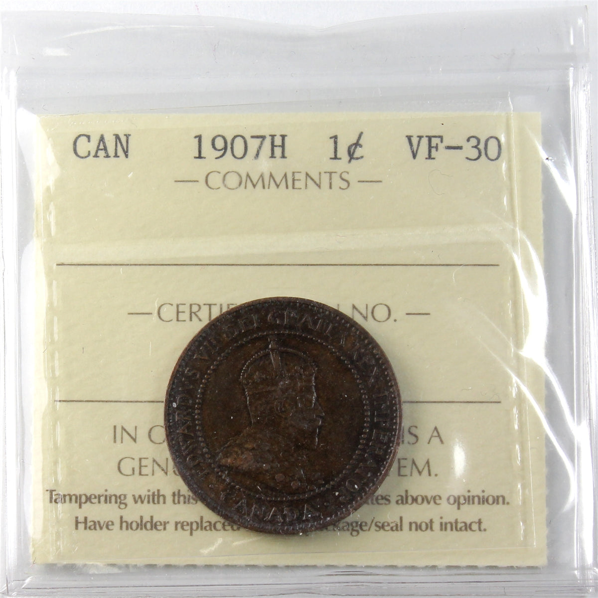 1907H Canada 1-cent ICCS Certified VF30